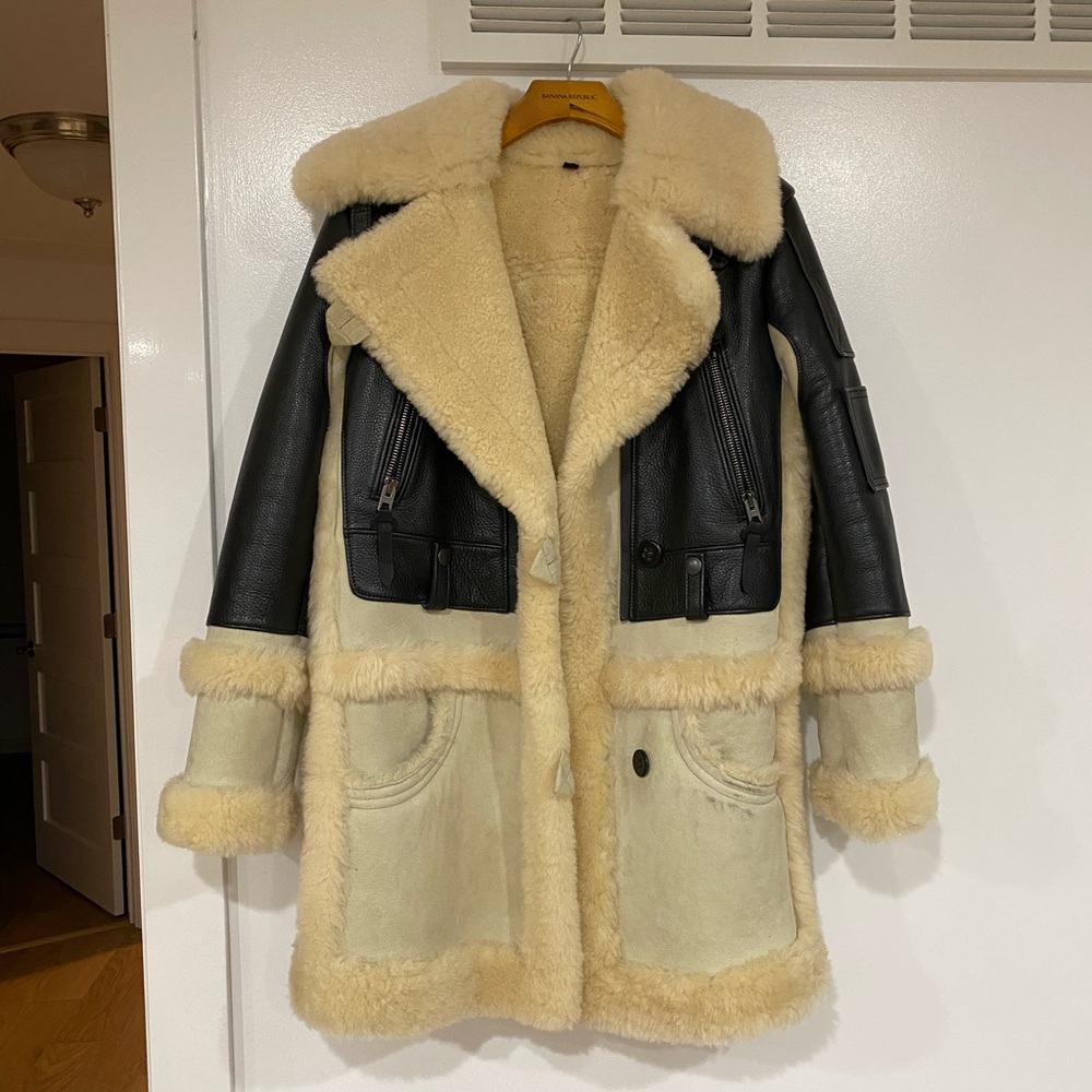 Coach Black Leather and Cream Shearling Coat